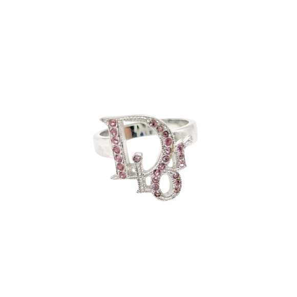 W/Box* AUTHENTIC DIOR palladium logo motif ring with pink Swarovski Crystals - Picture 2 of 7
